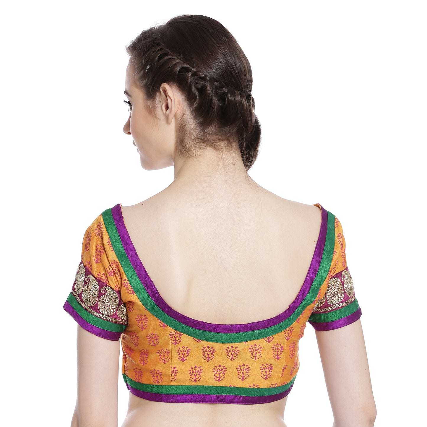 Yellow Print Cotton Silk Saree Blouse with Paisley Border