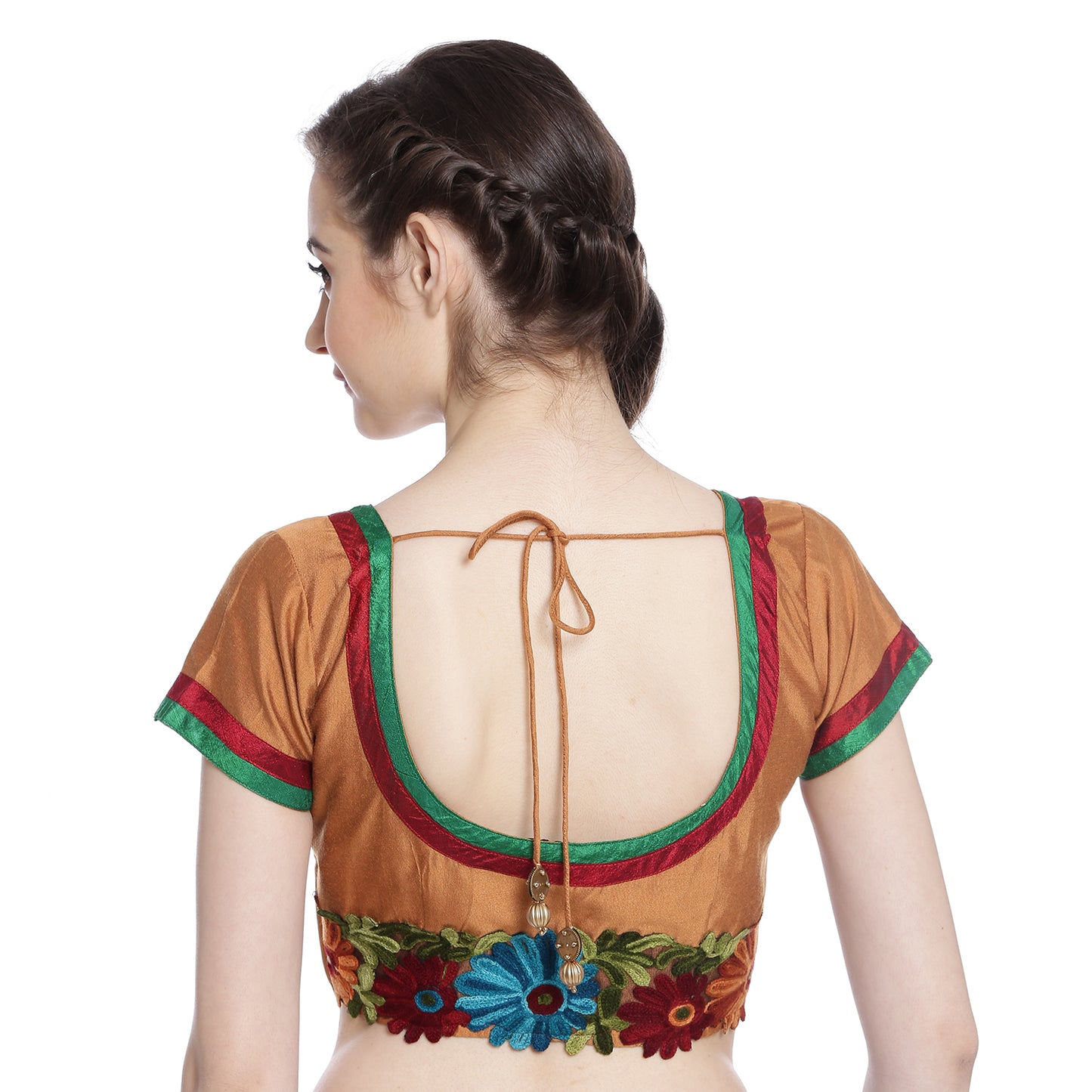 Brown Cotton Silk Saree Blouse with Floral Embroidery