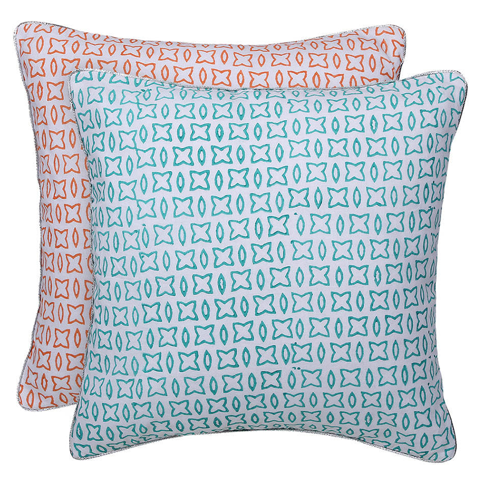 Green orange Block printed Reversible Cushion Cover (Set of 2 pcs)