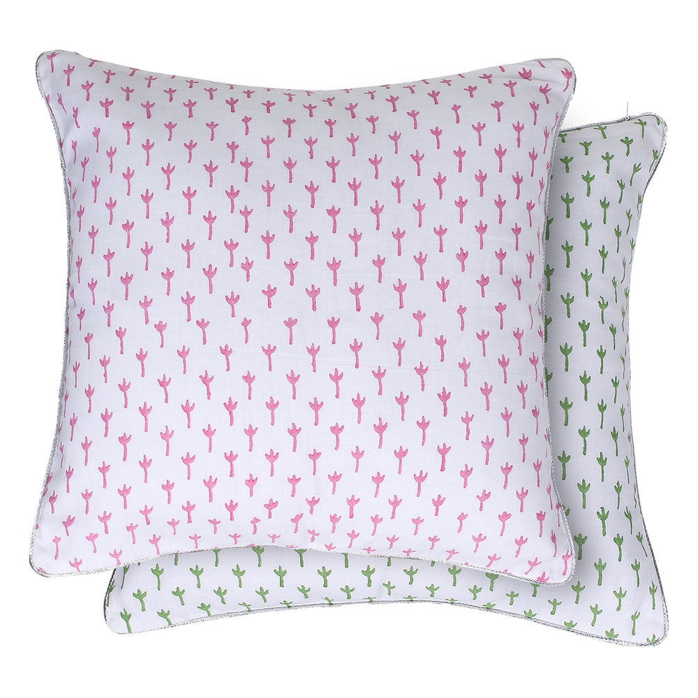 Pink Green Block printed Reversible Cushion Cover (Set of 2pcs)