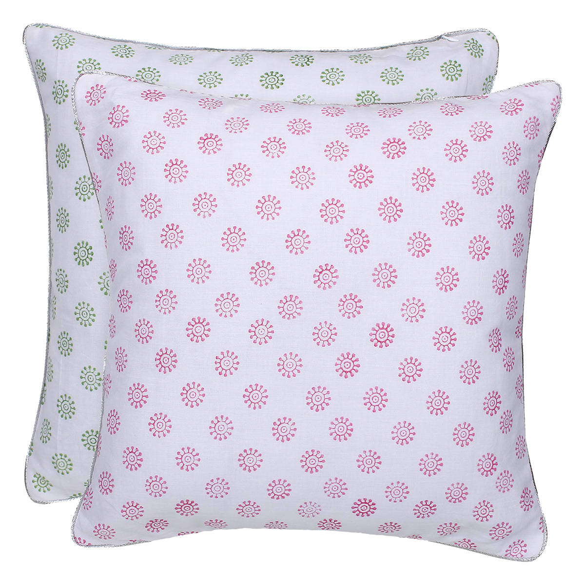 
                  
                    Green Pink Block printed Reversible Cushion Cover (Set of 2pcs)
                  
                