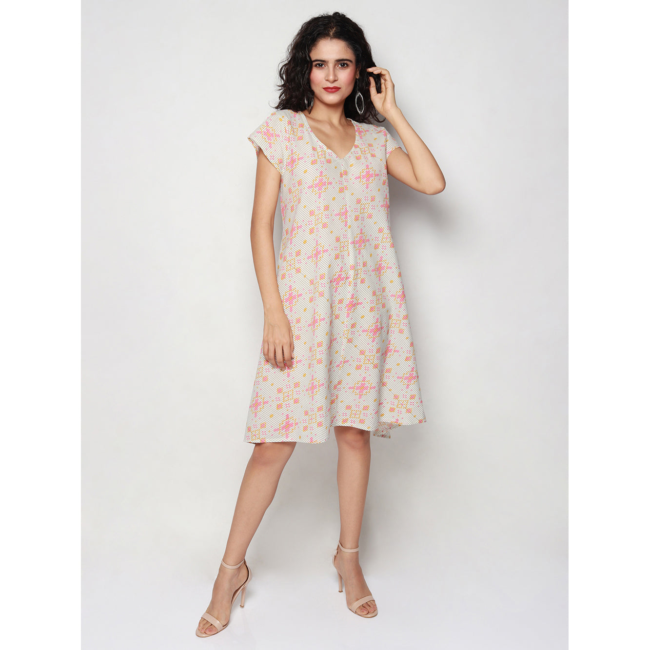 Ivory Ikat Print Cotton Dress