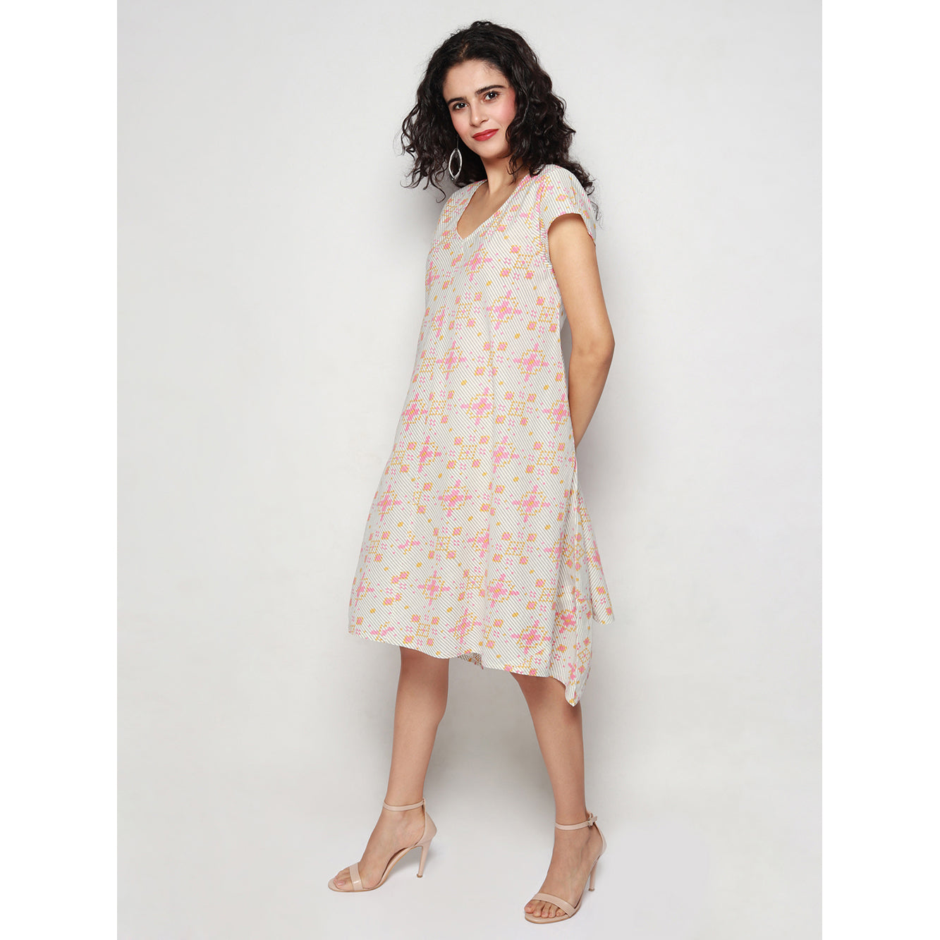 Ivory Ikat Print Cotton Dress