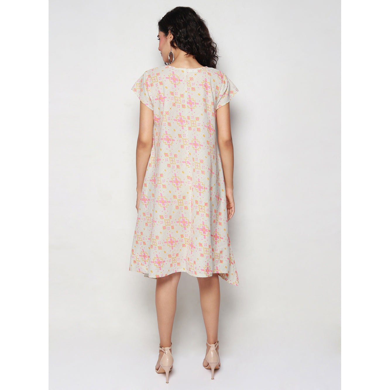 Ivory Ikat Print Cotton Dress