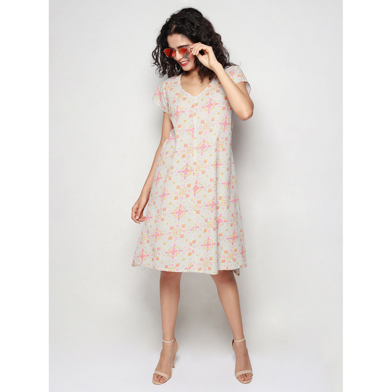 Ivory Ikat Print Cotton Dress