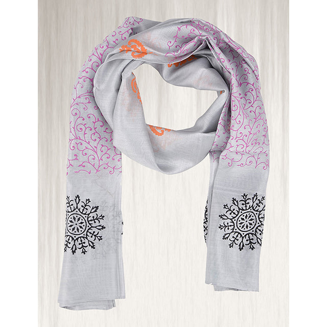 Grey Cotton Silk Block Print Stole