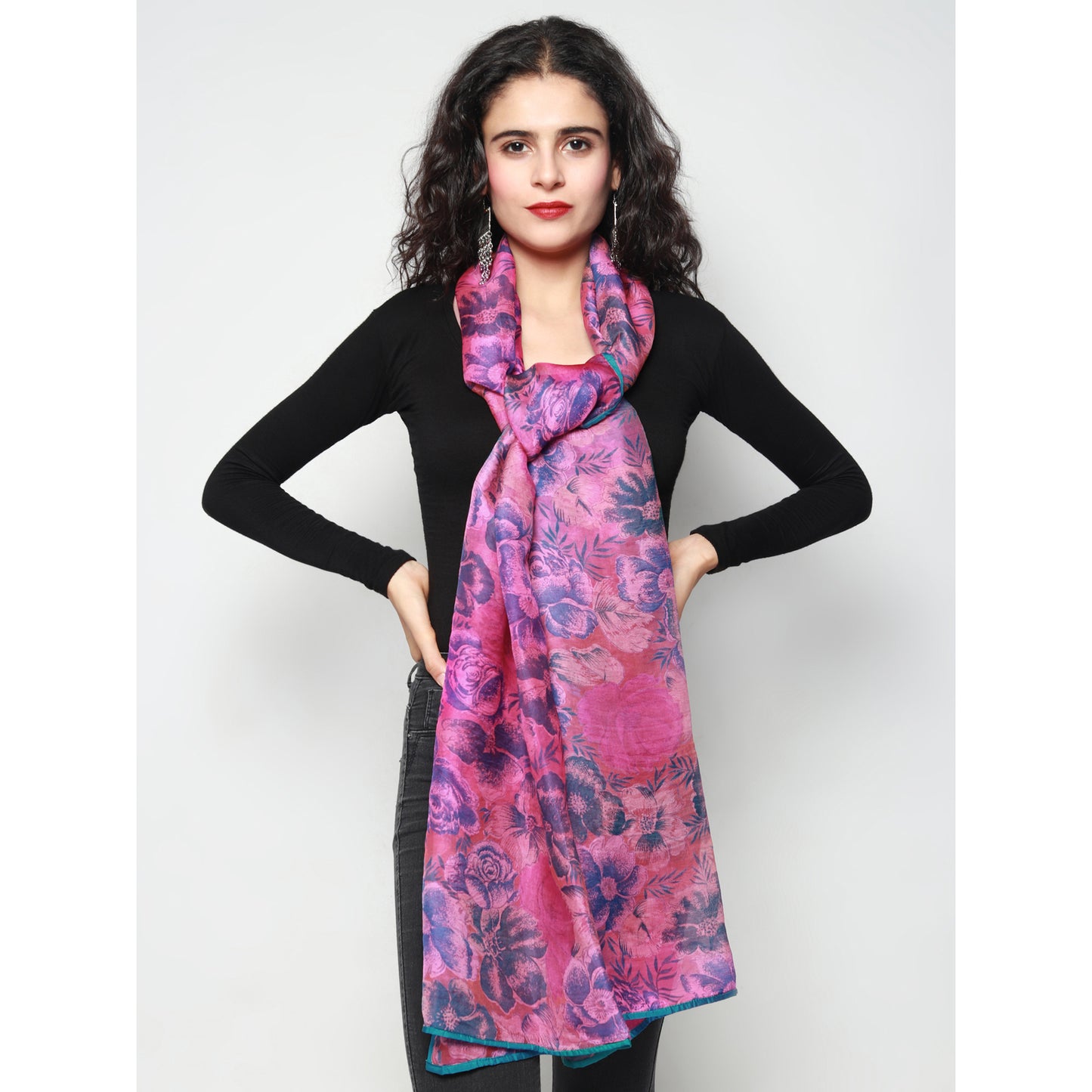 Pink Silk Chanderi Floral Print Stole