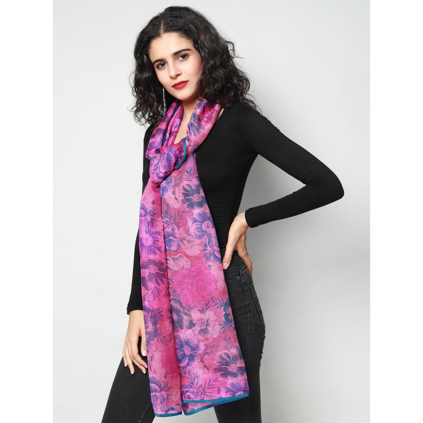 Pink Silk Chanderi Floral Print Stole