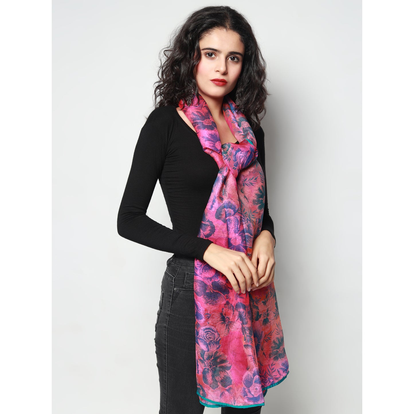 Pink Silk Chanderi Floral Print Stole