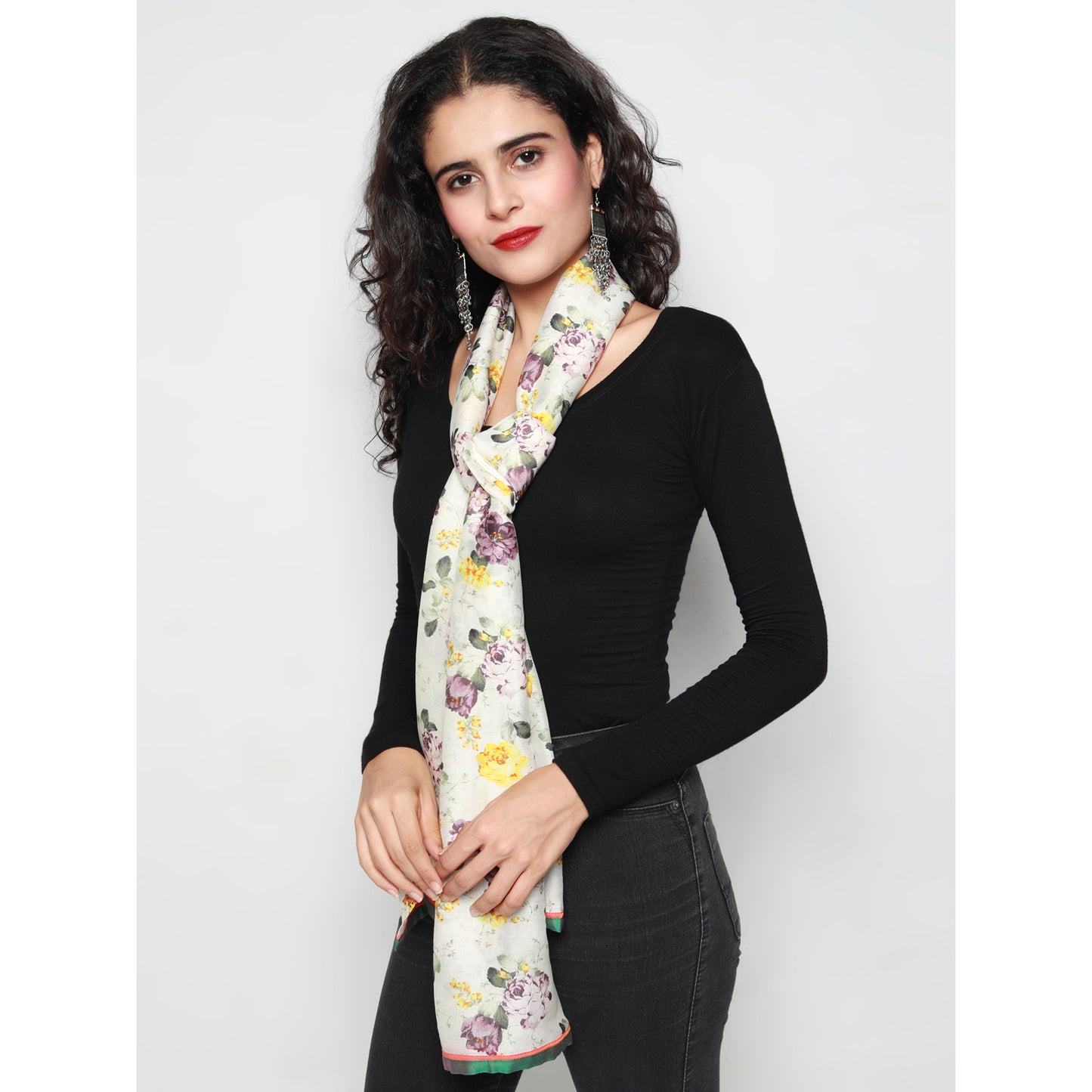 Ivory Floral Printed Cotton Silk Stole