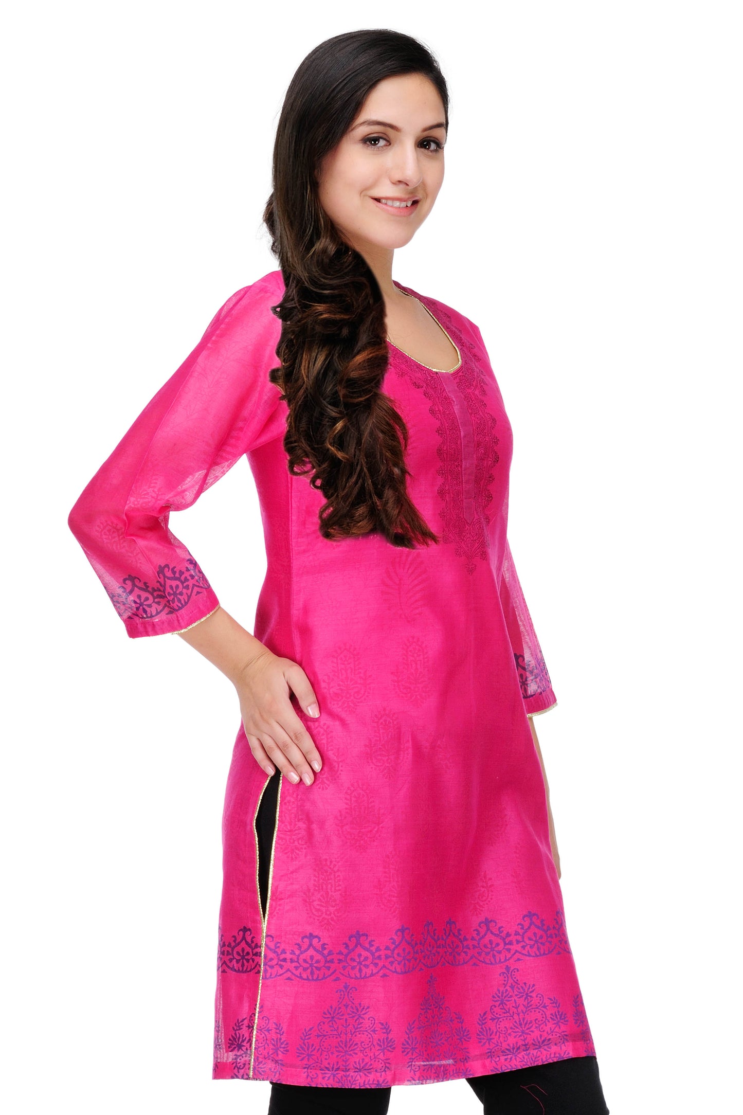 Pink Block Print Cotton Silk Kurta