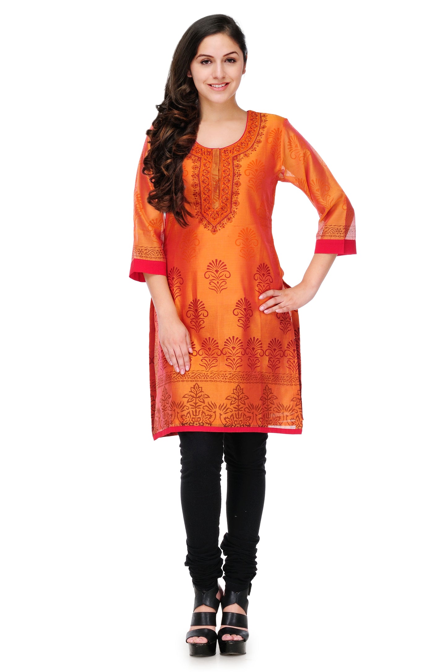 Orange Block Print Cotton Silk Kurta