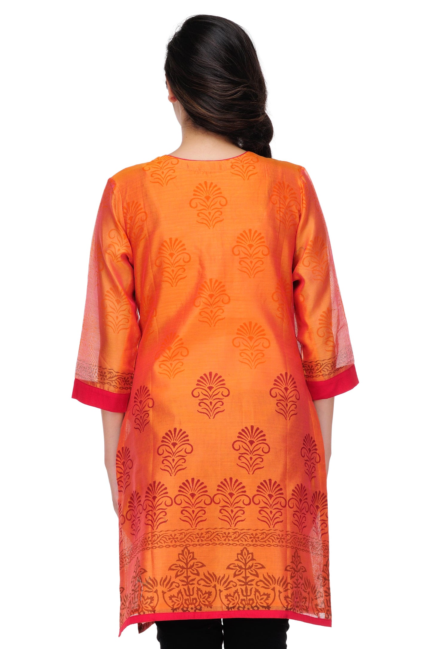 Orange Block Print Cotton Silk Kurta