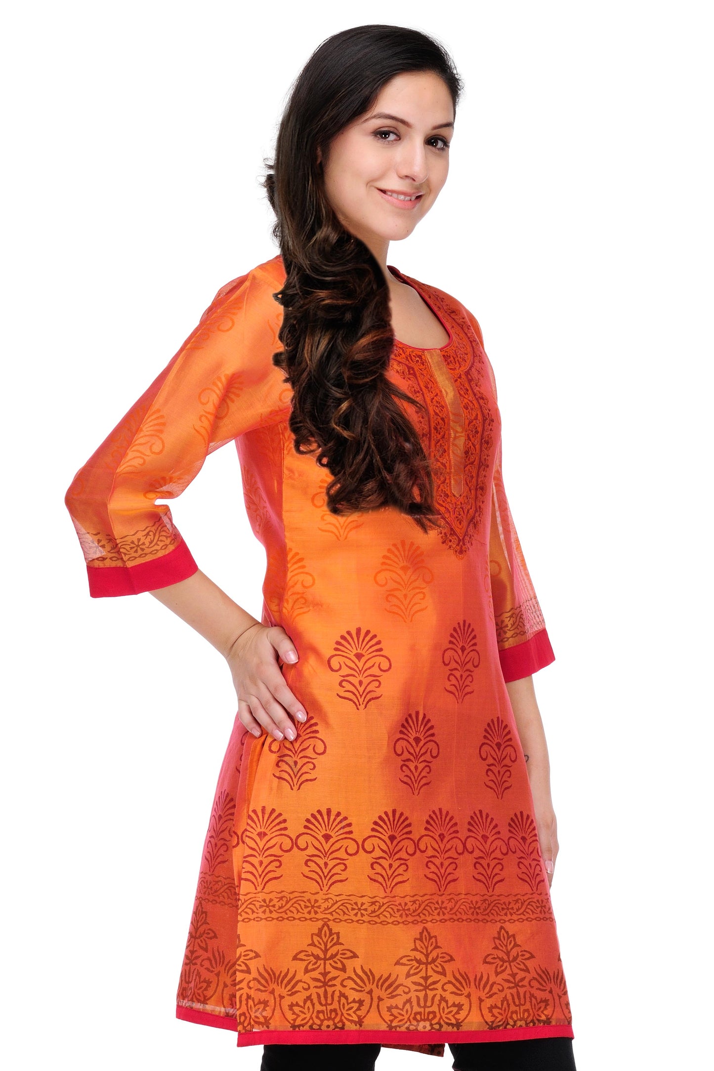Orange Block Print Cotton Silk Kurta