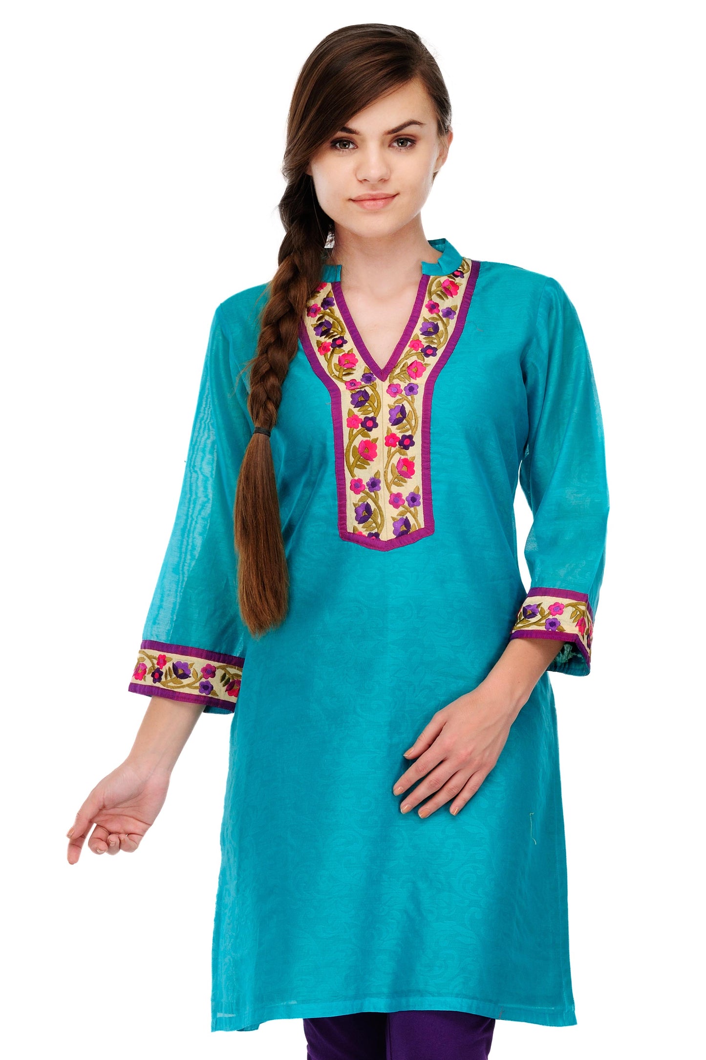 Turquoise Cotton Silk Embroidery Kurta