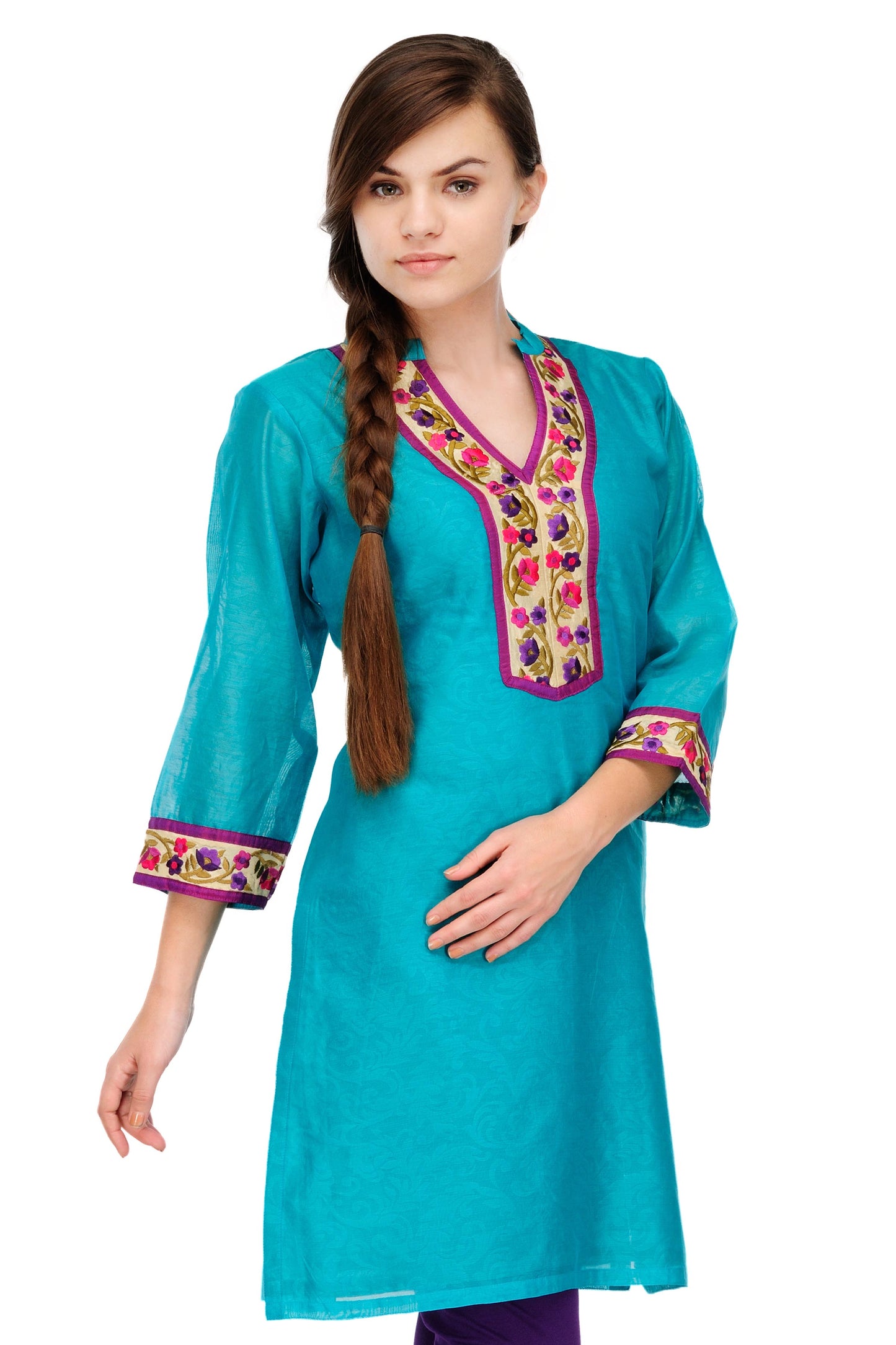 Turquoise Cotton Silk Embroidery Kurta
