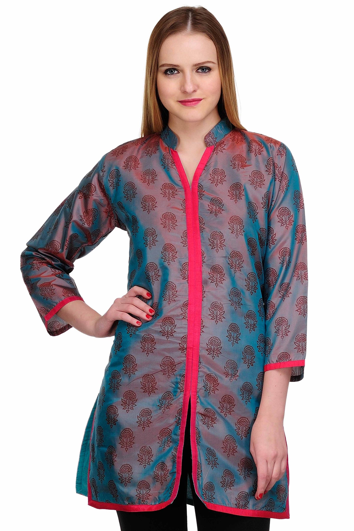Grey Blue shaded Silk Block Print Tunic