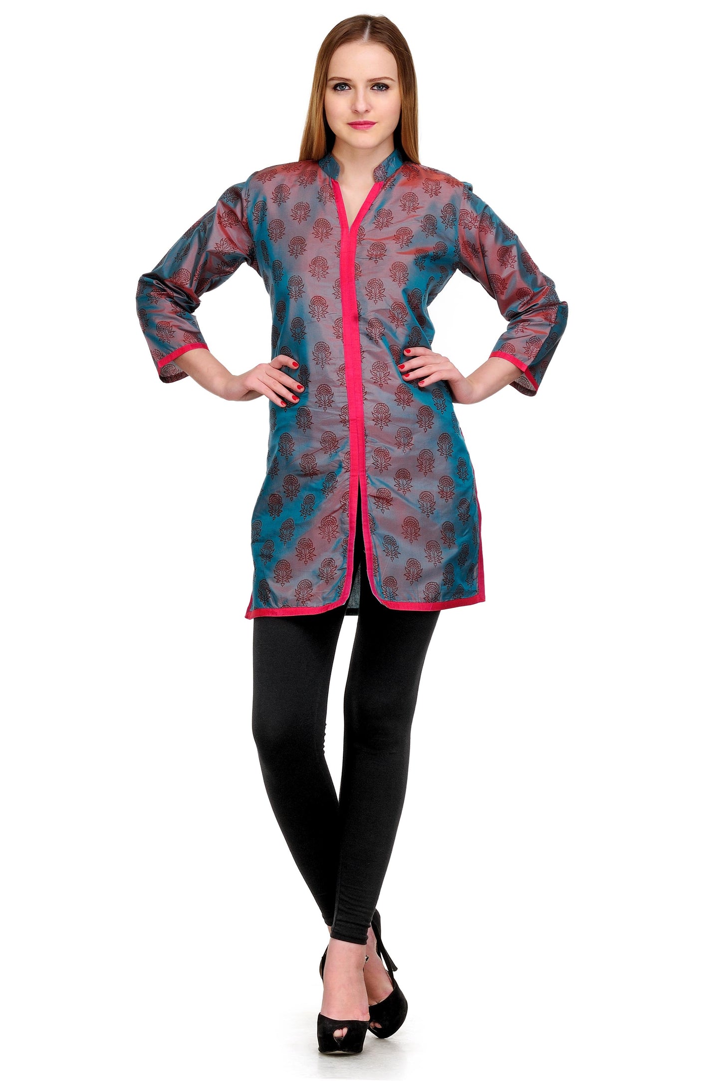 Grey Blue shaded Silk Block Print Tunic