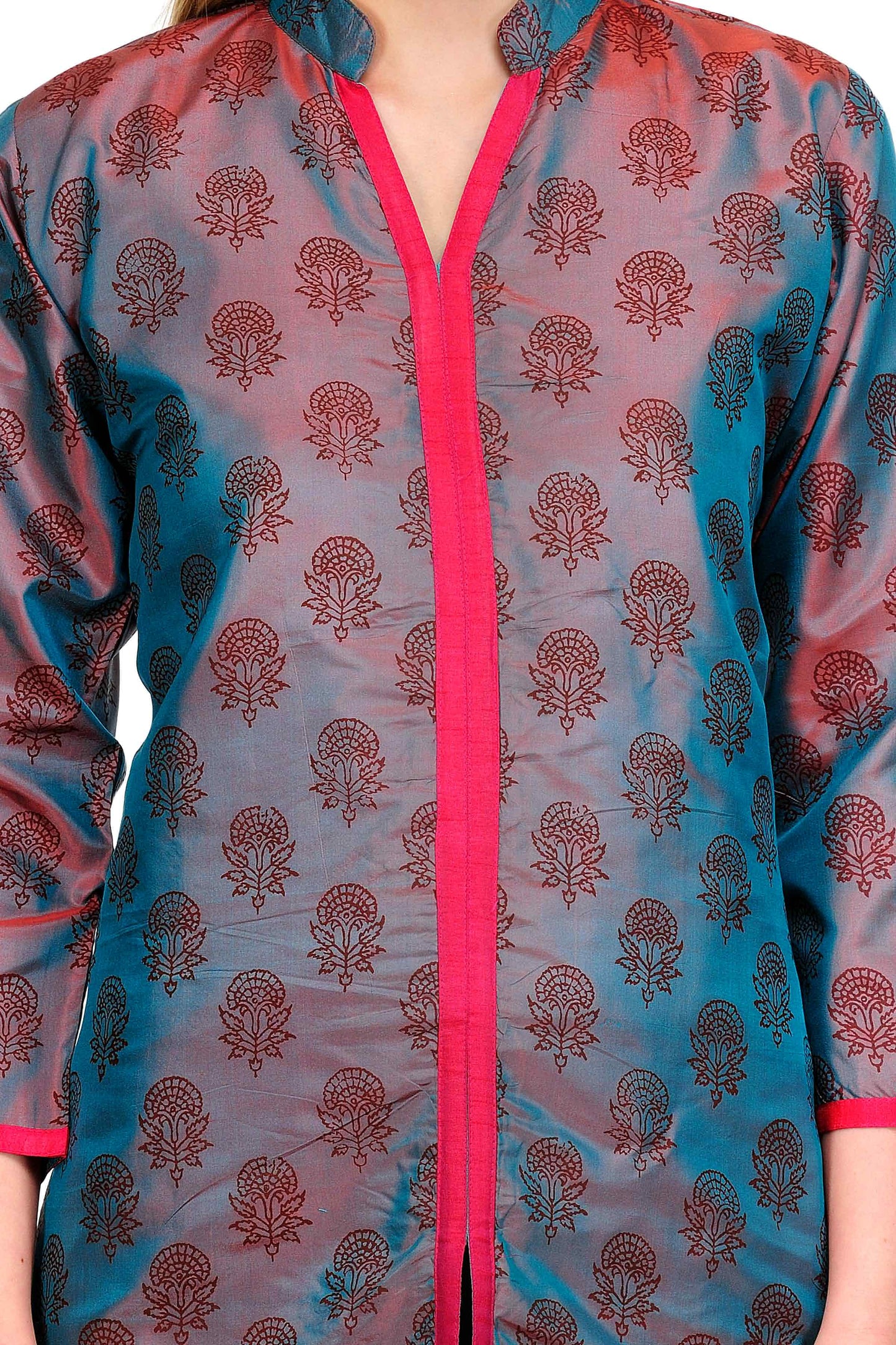 Grey Blue shaded Silk Block Print Tunic