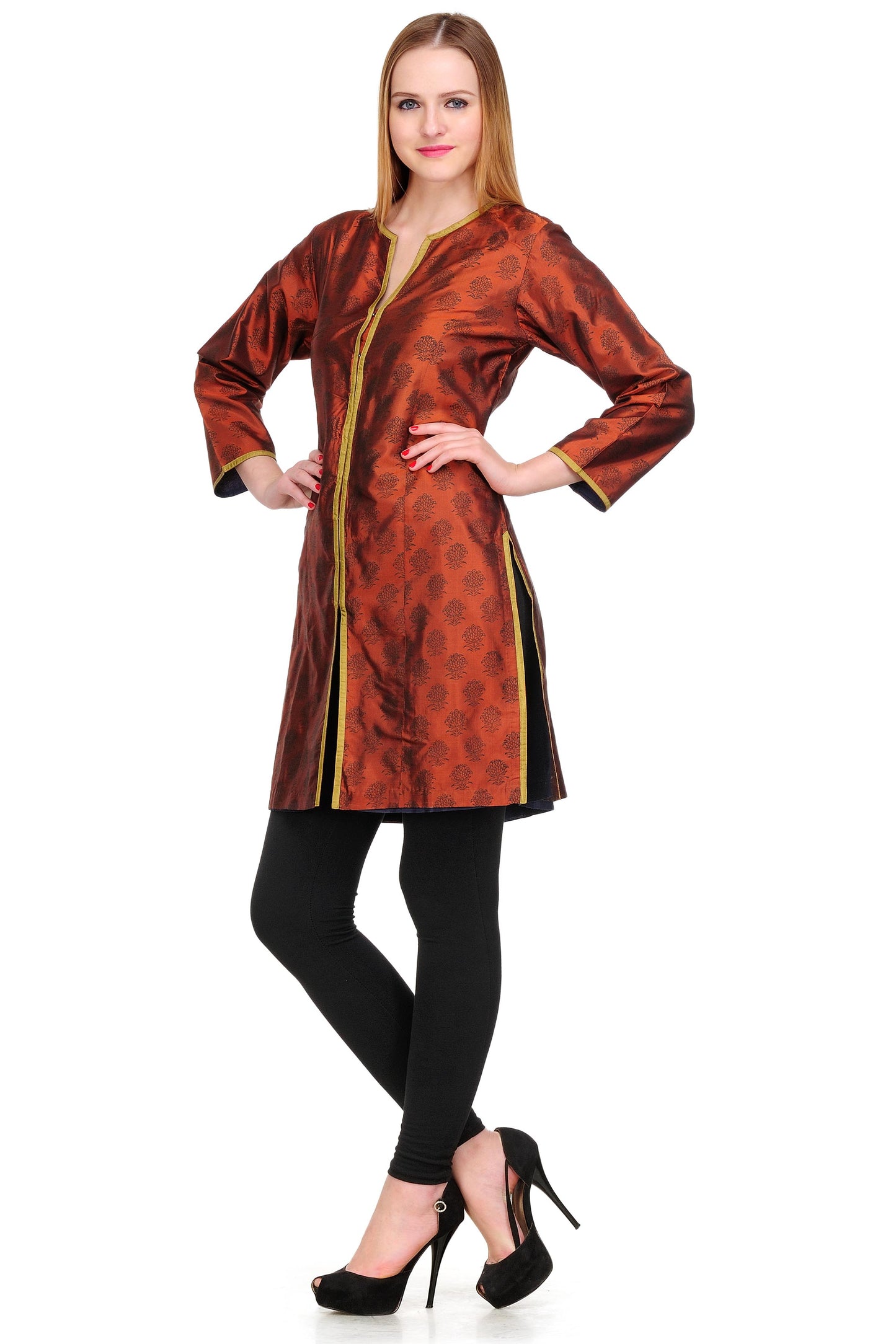 Brown black shaded Silk Block Print Tunic