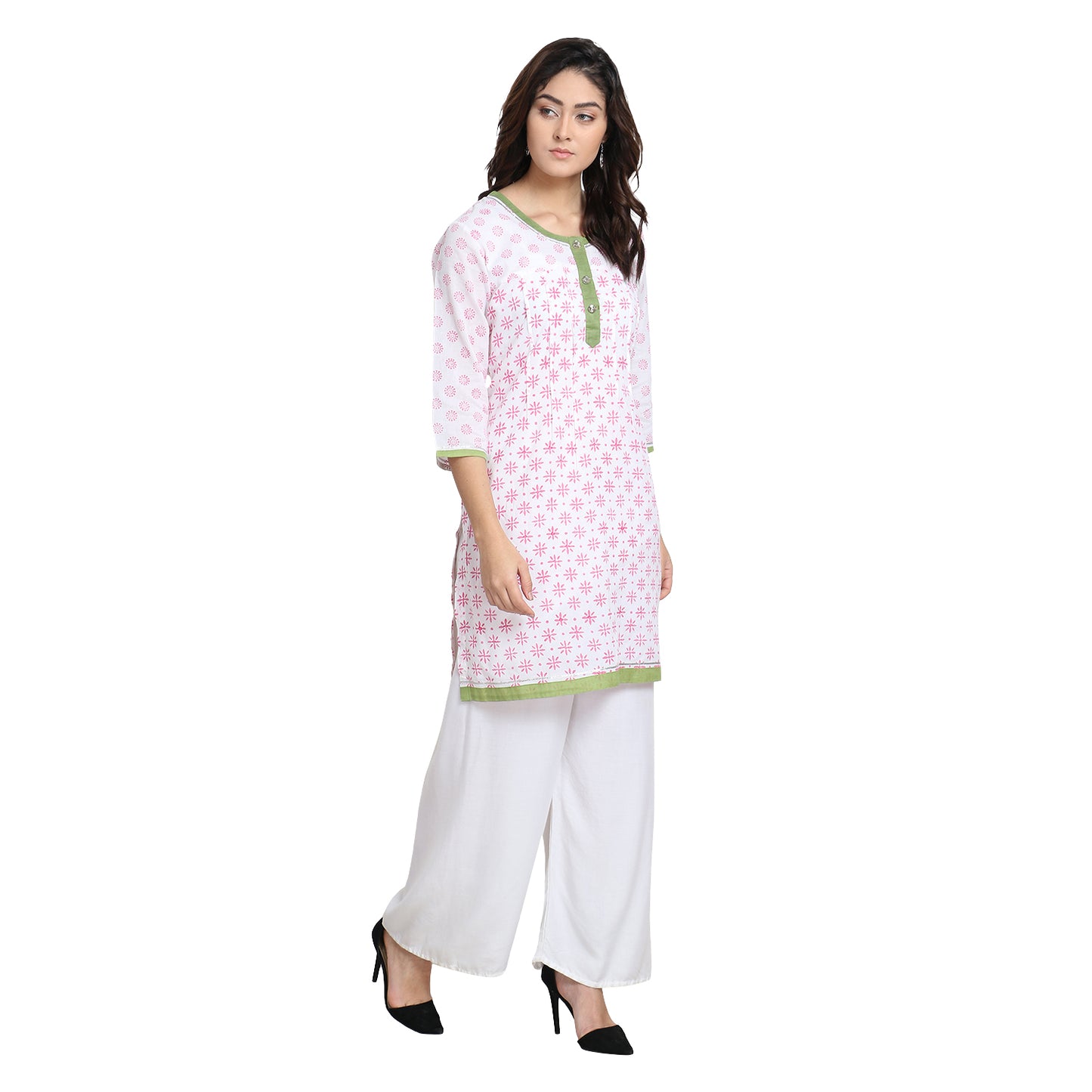 White with Pink Block Print Cotton Kurta