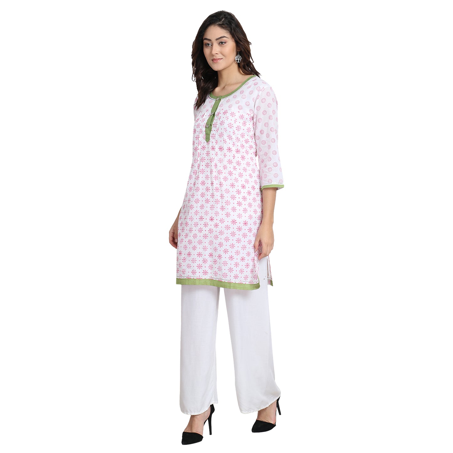 White with Pink Block Print Cotton Kurta