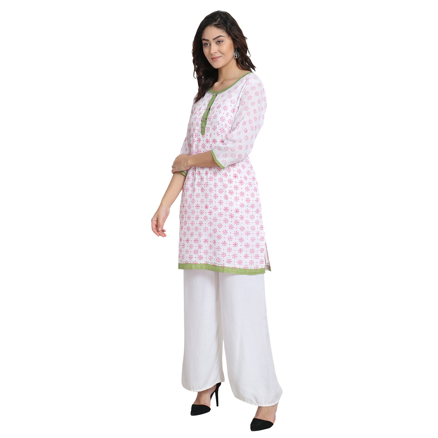 White with Pink Block Print Cotton Kurta