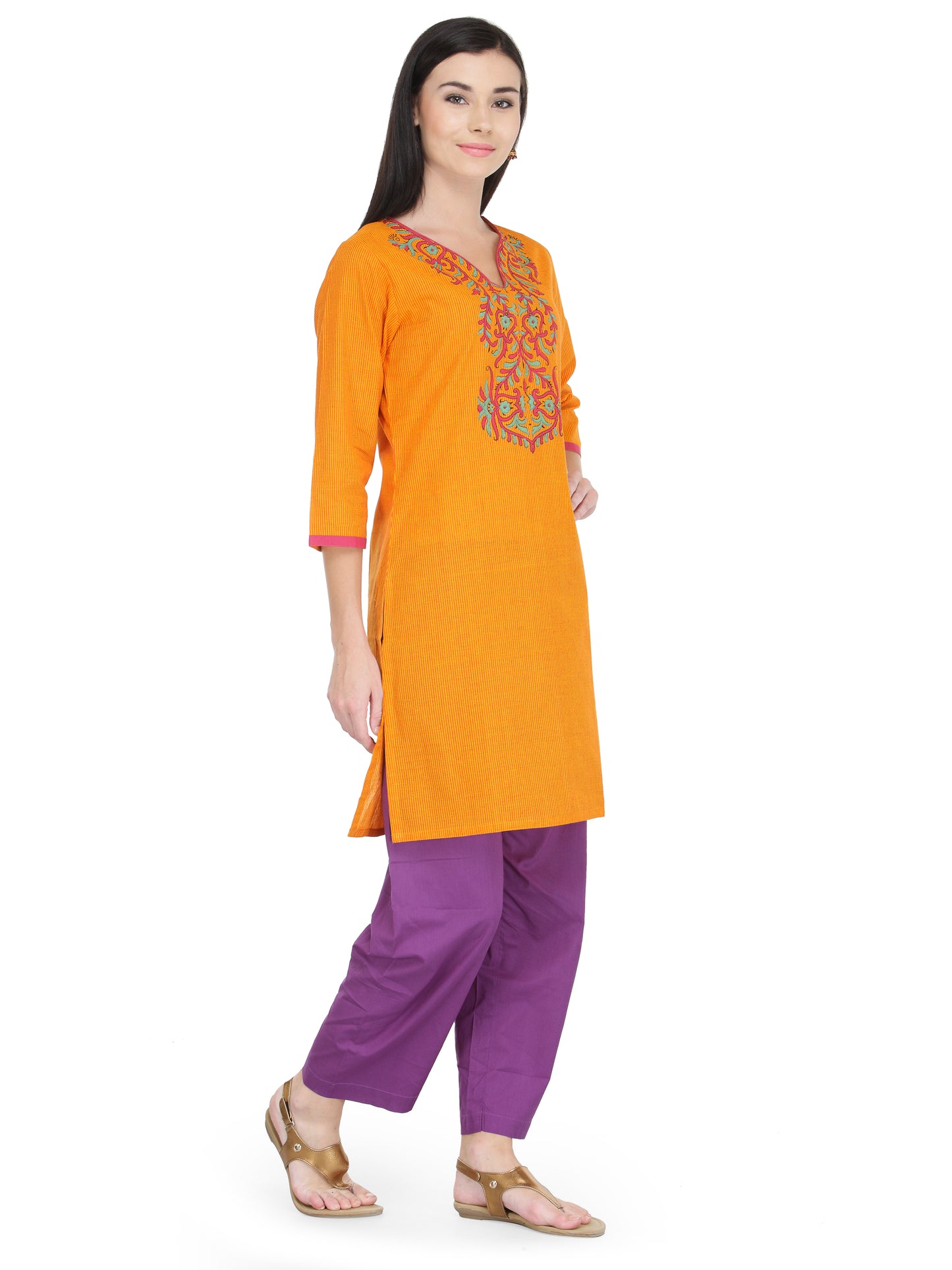 Orange Cotton Block Print Kurta