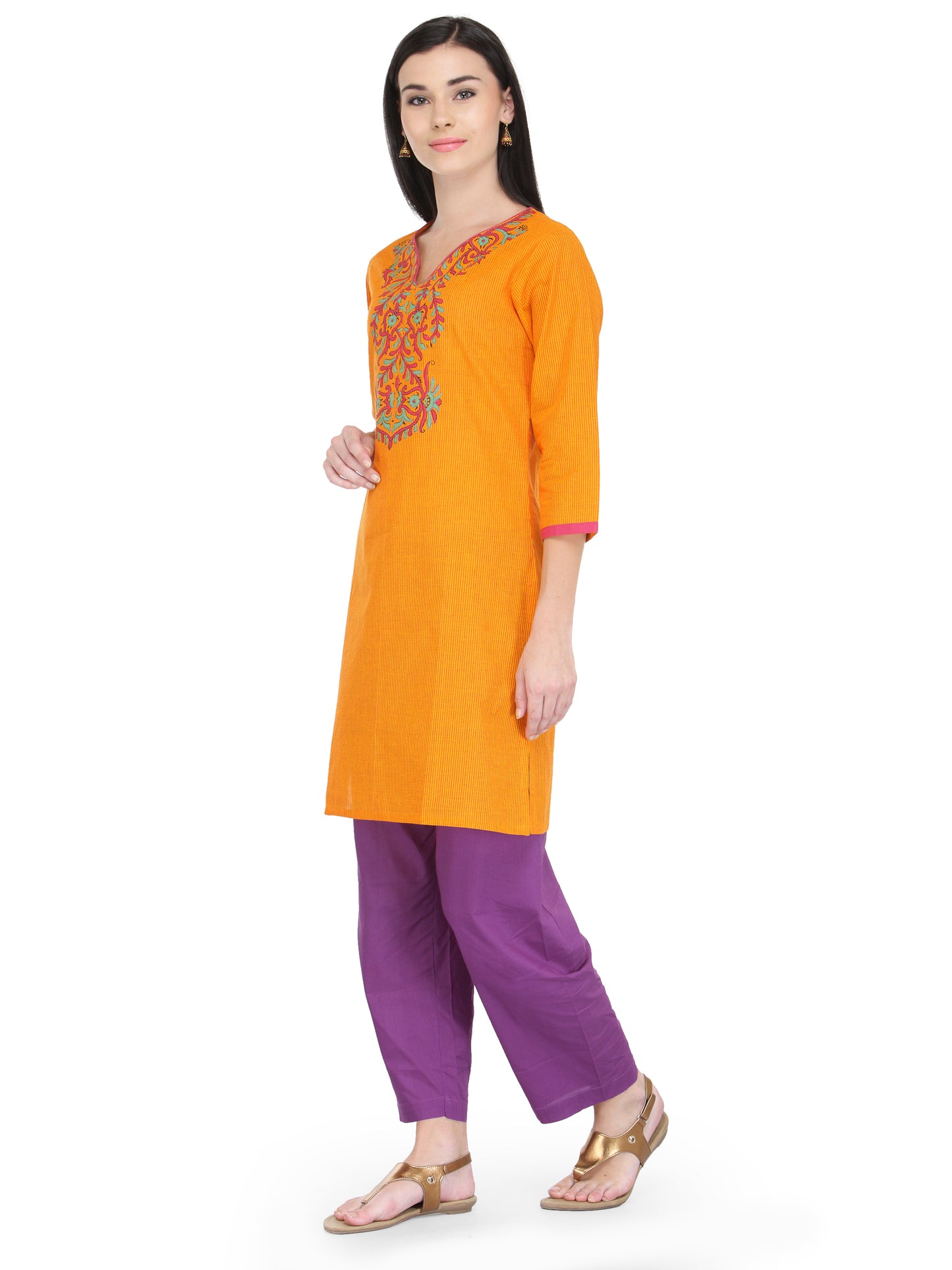 Orange Cotton Block Print Kurta