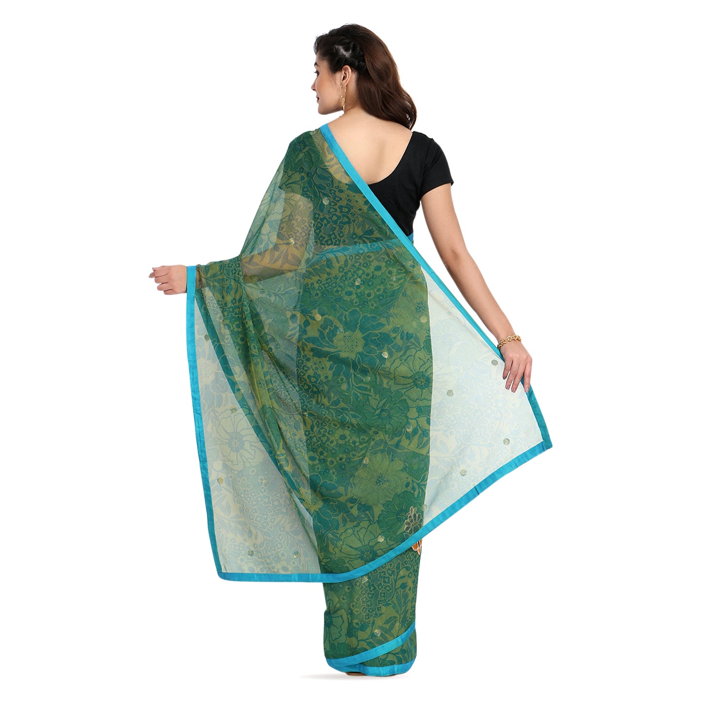 Green Banarsi Net Printed Saree with Blouse Piece