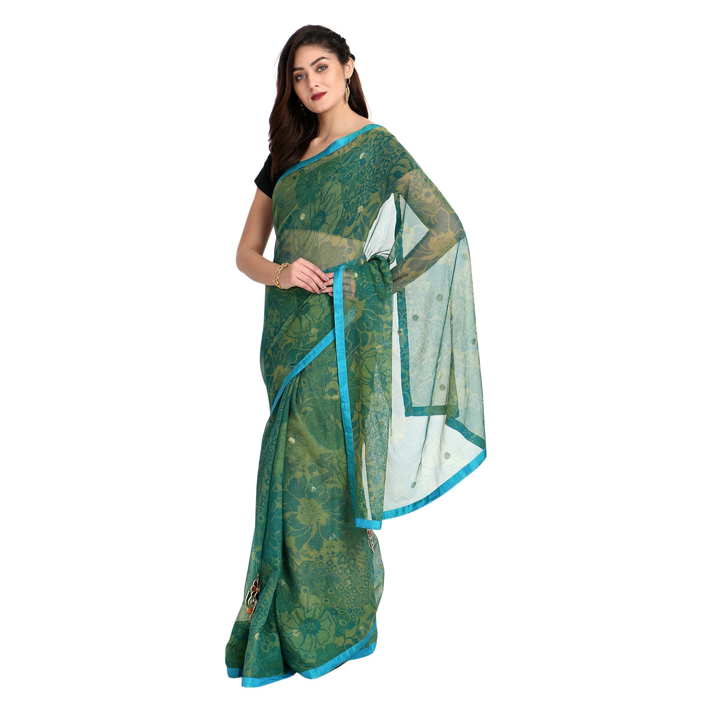 Green Banarsi Net Printed Saree with Blouse Piece