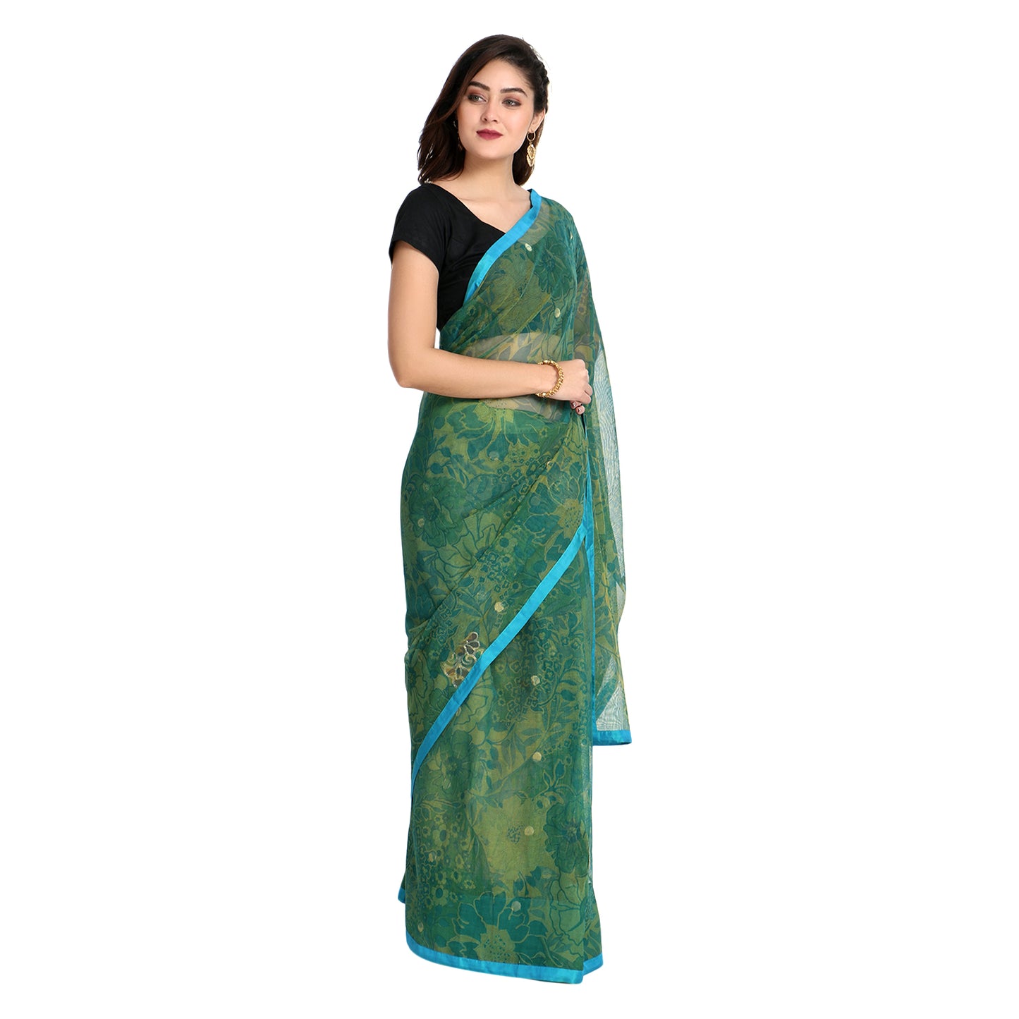 Green Banarsi Net Printed Saree with Blouse Piece