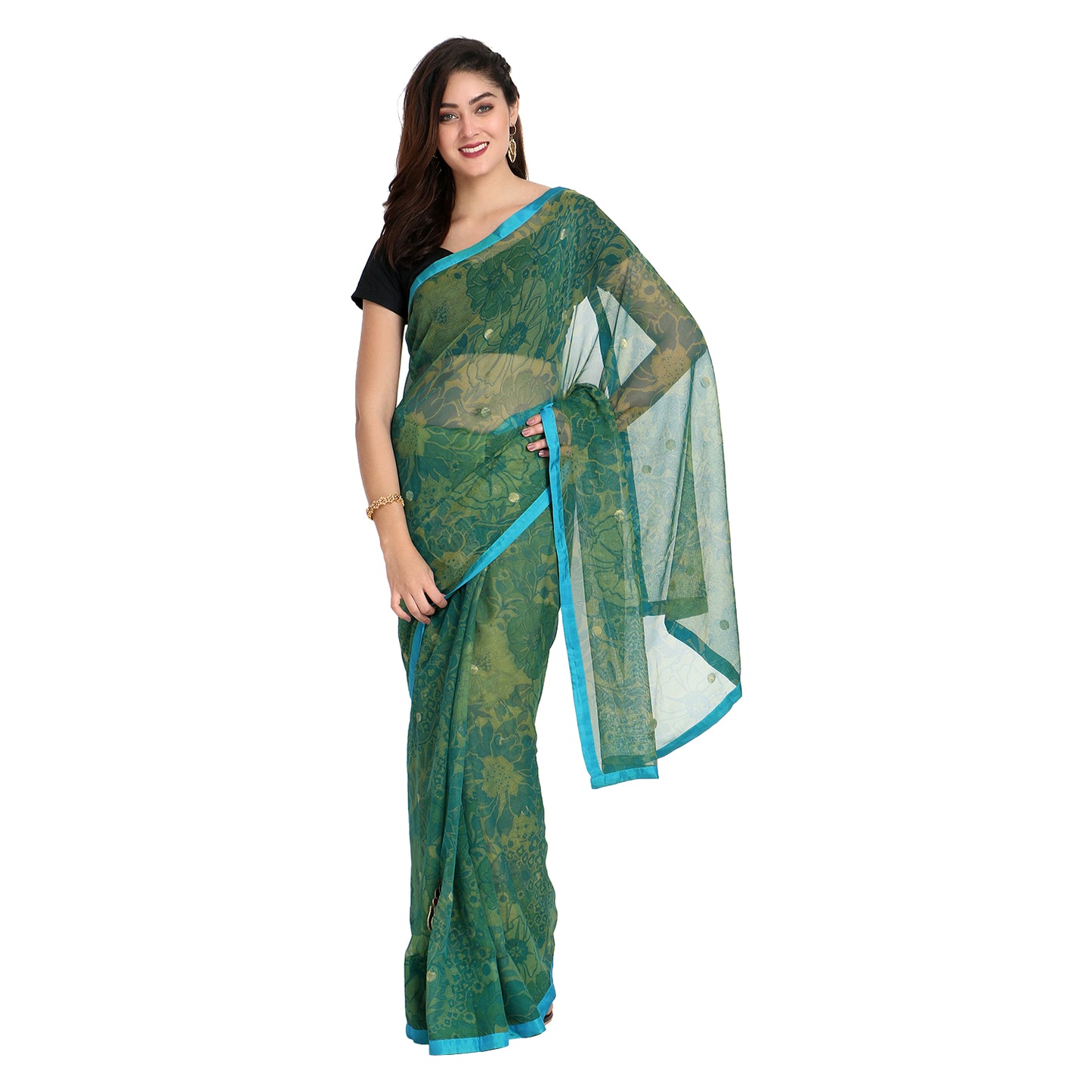 Green Banarsi Net Printed Saree with Blouse Piece