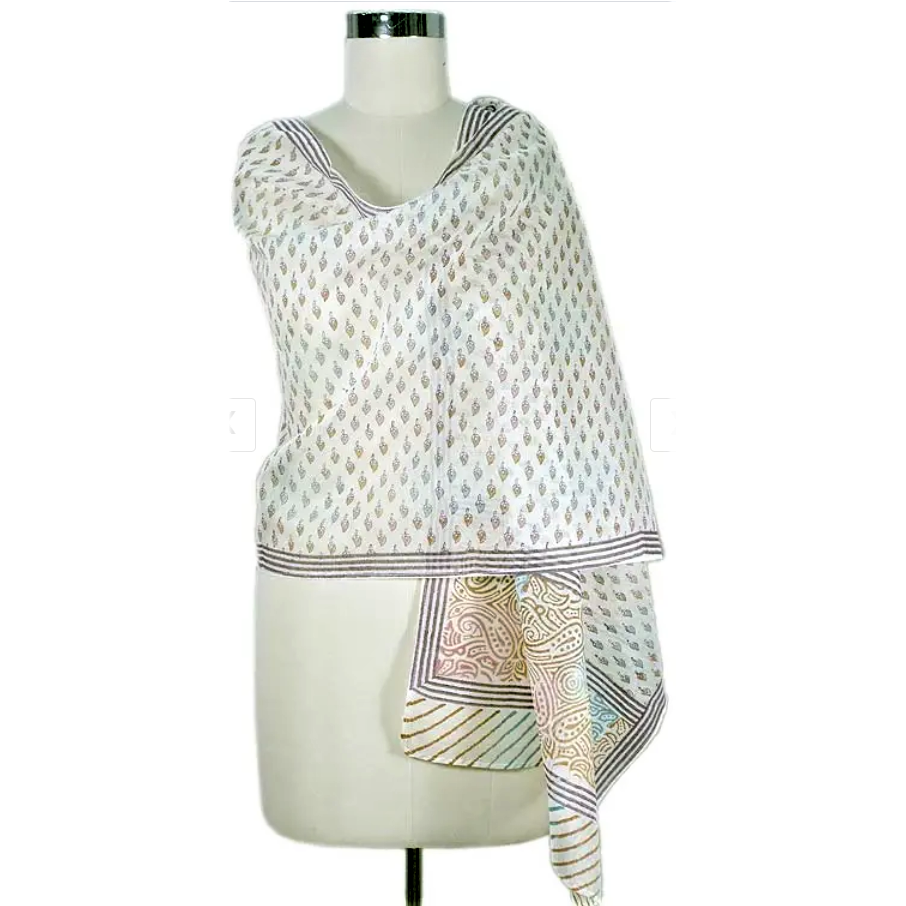 Ivory Block Print Cotton Silk Stole