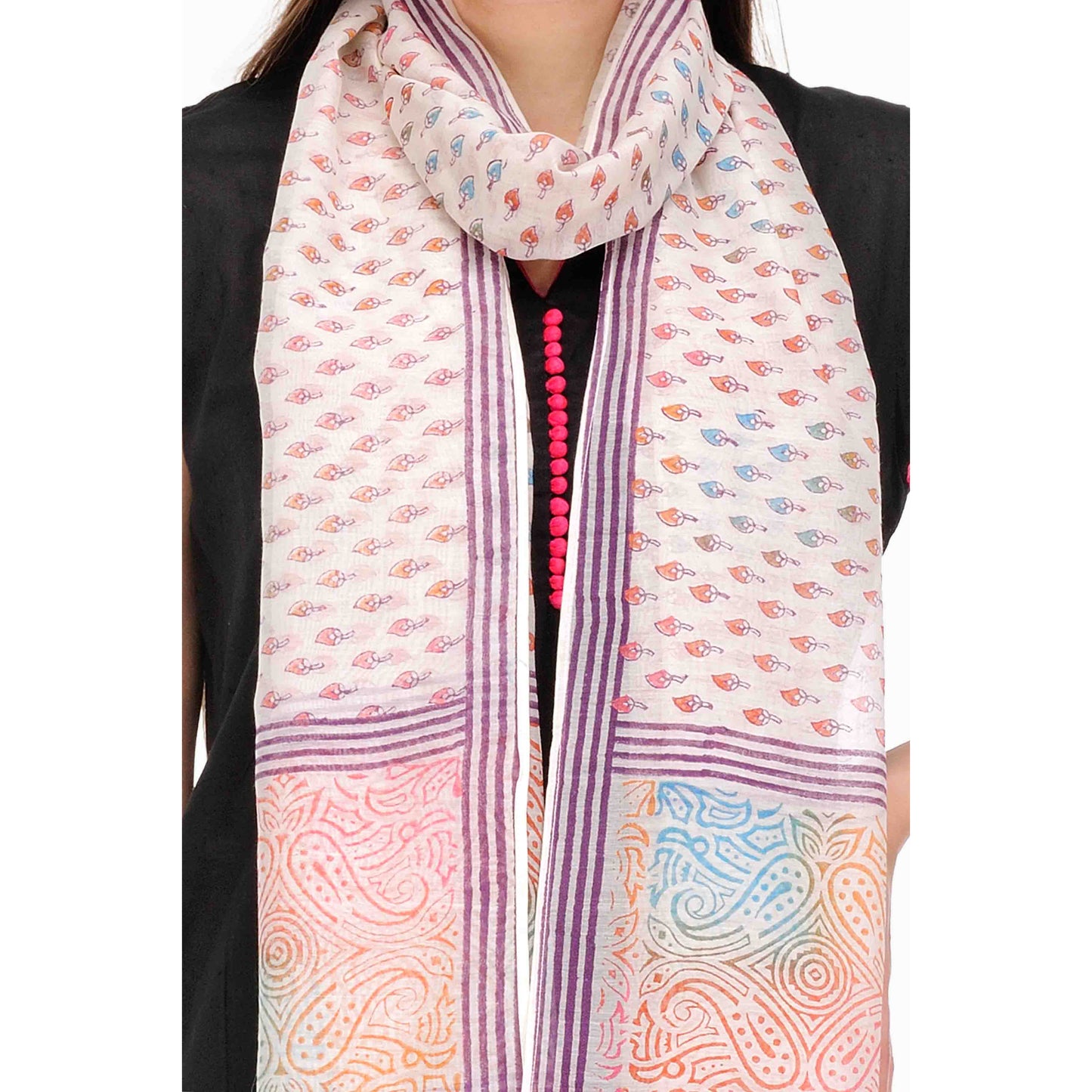 Ivory Block Print Cotton Silk Stole