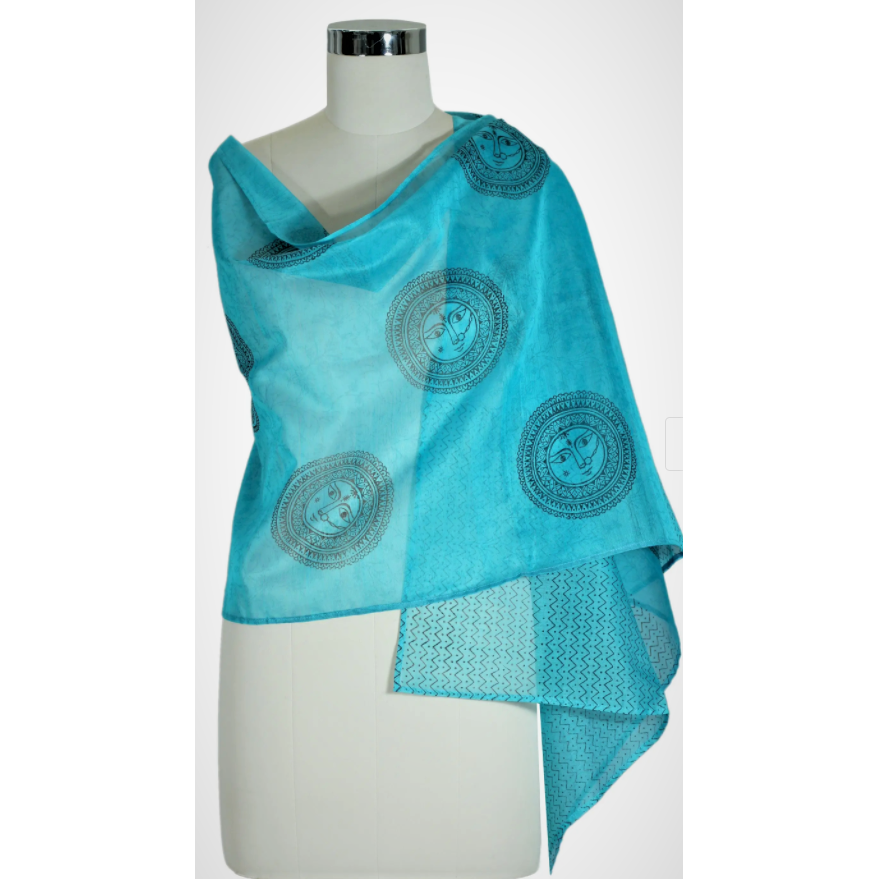 Turquoise Cotton Silk Block Print Stole