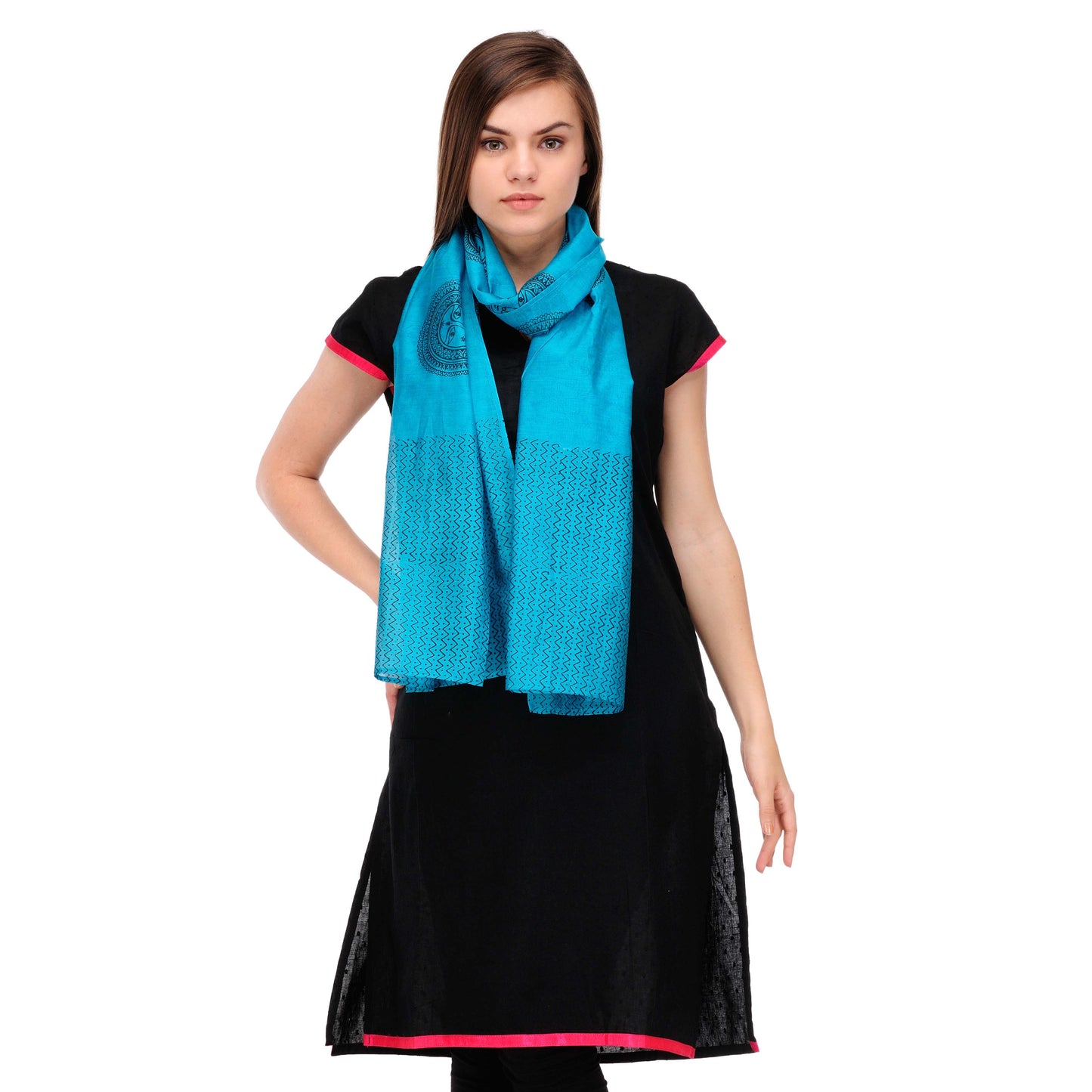 Turquoise Cotton Silk Block Print Stole