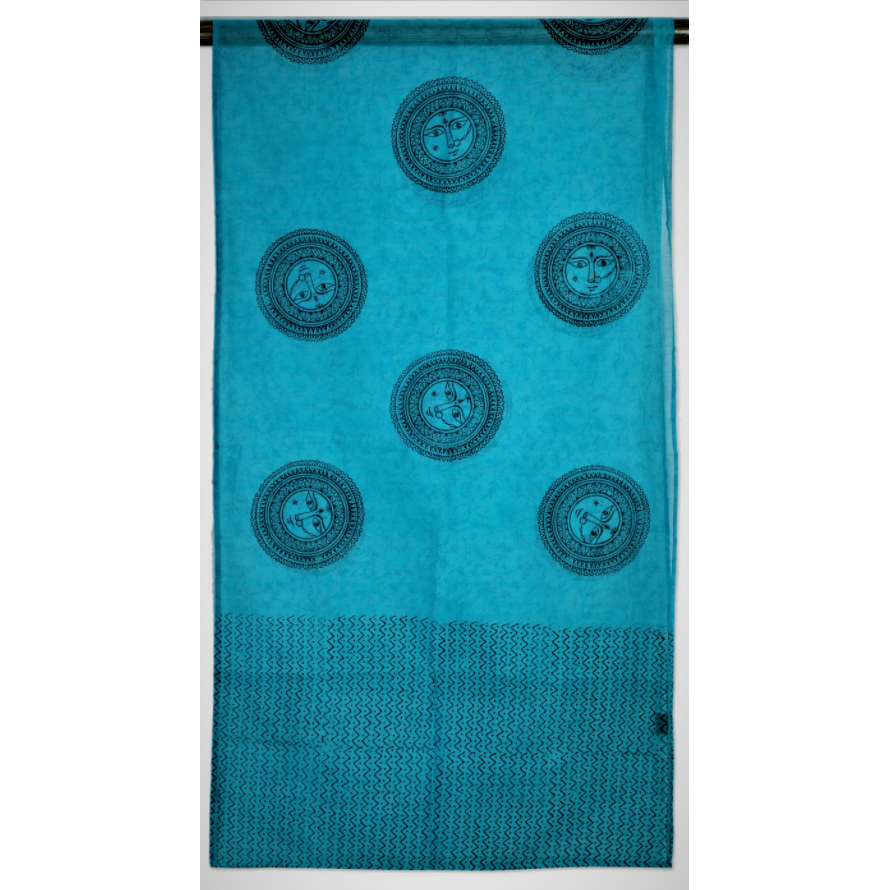 Turquoise Cotton Silk Block Print Stole