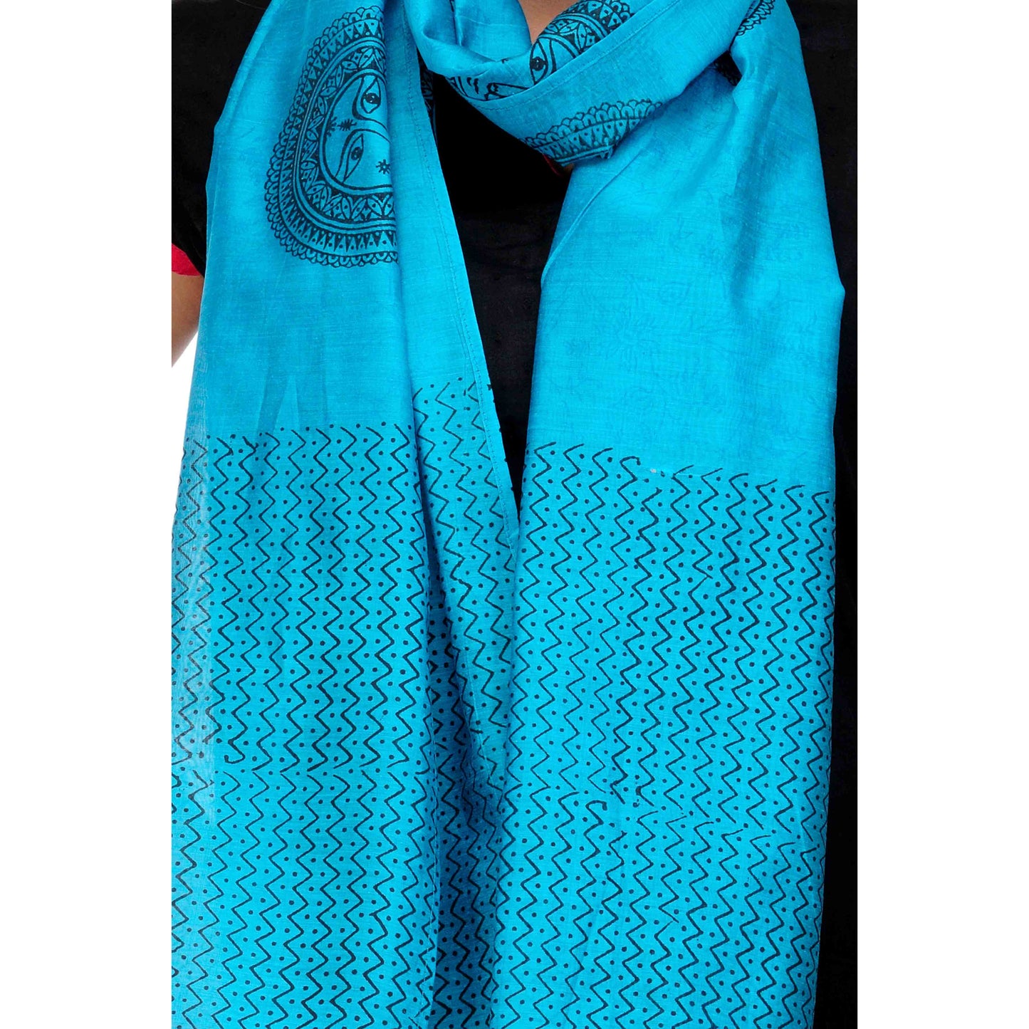 Turquoise Cotton Silk Block Print Stole