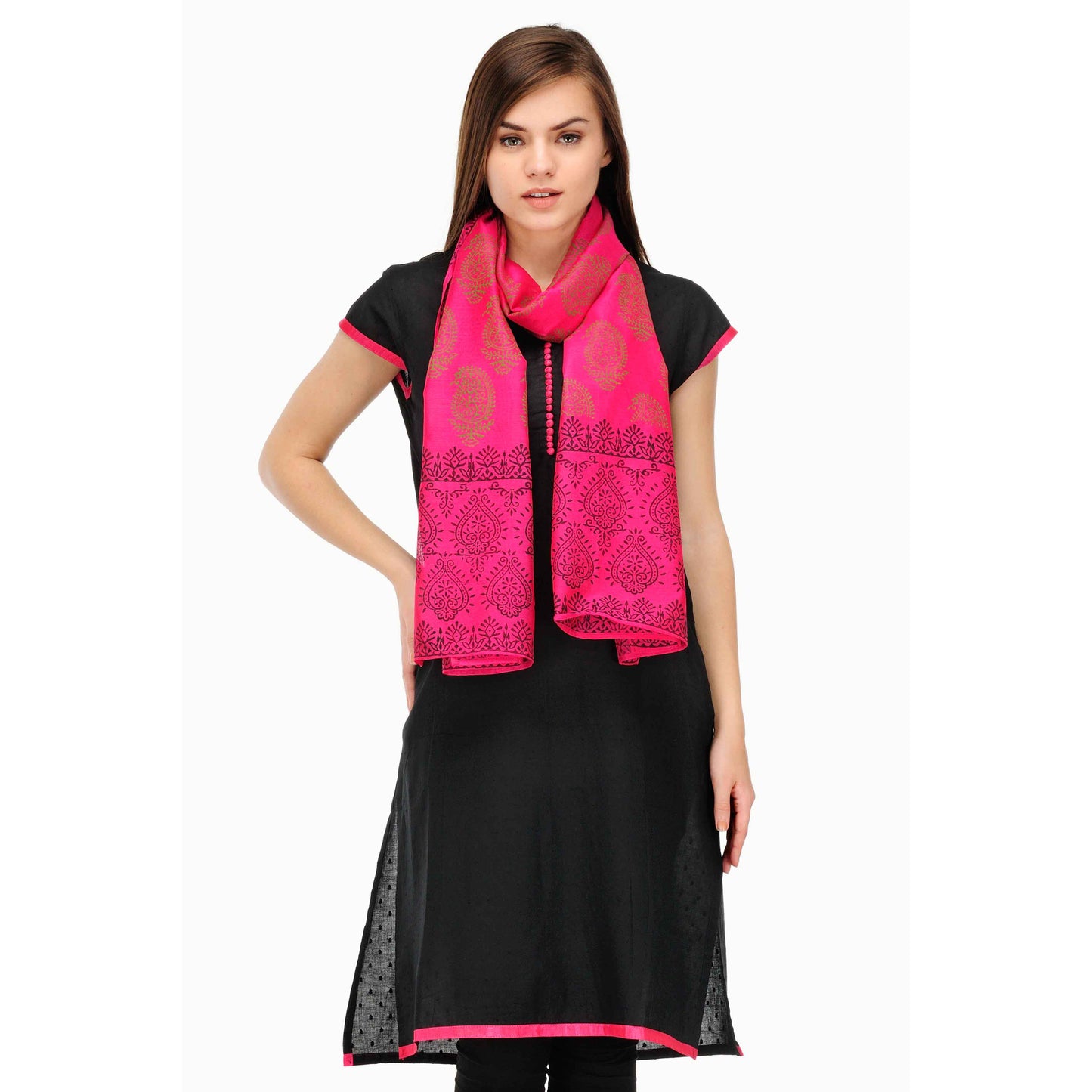 Pink Block Print Cotton Silk Stole