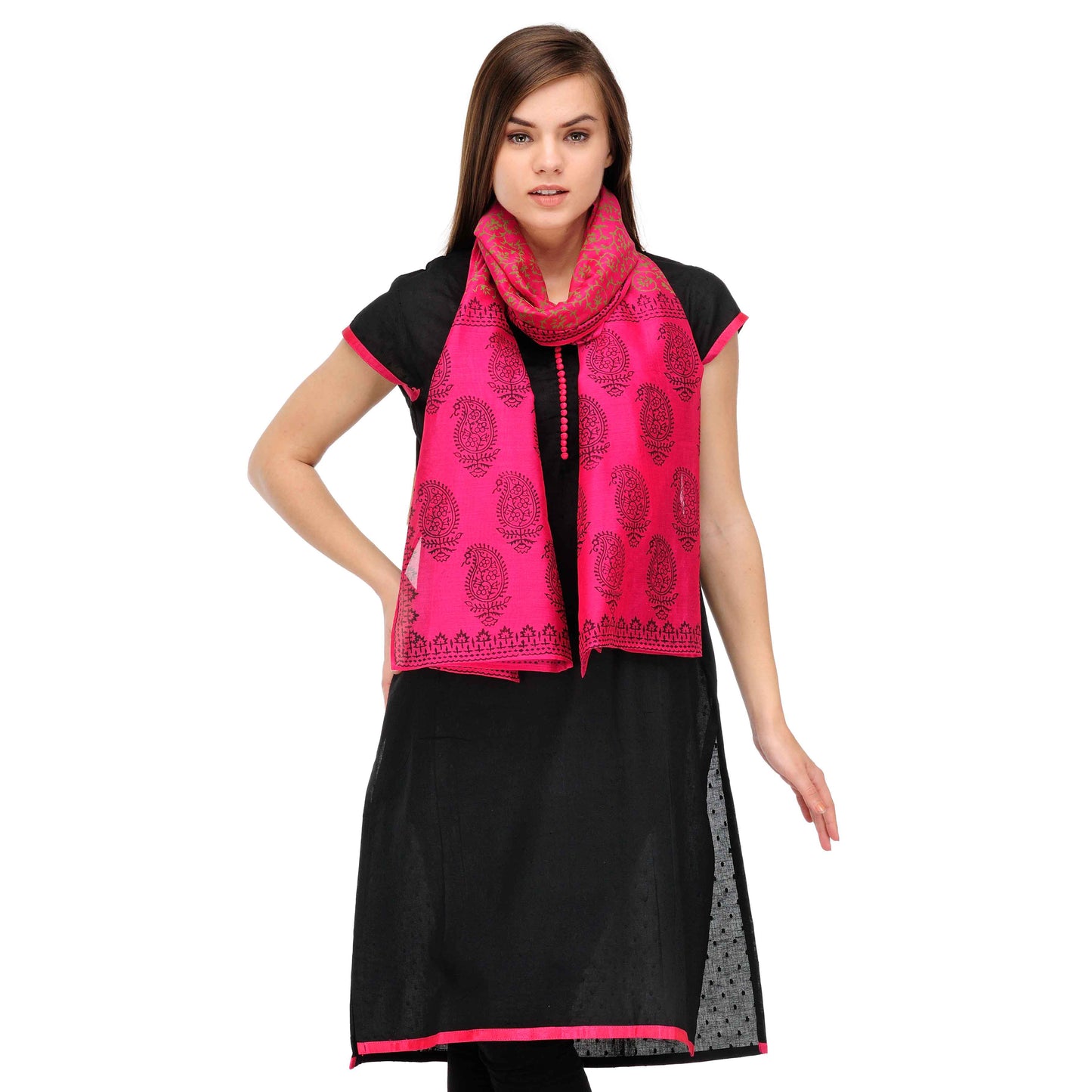 Pink Block Print Cotton Silk Stole