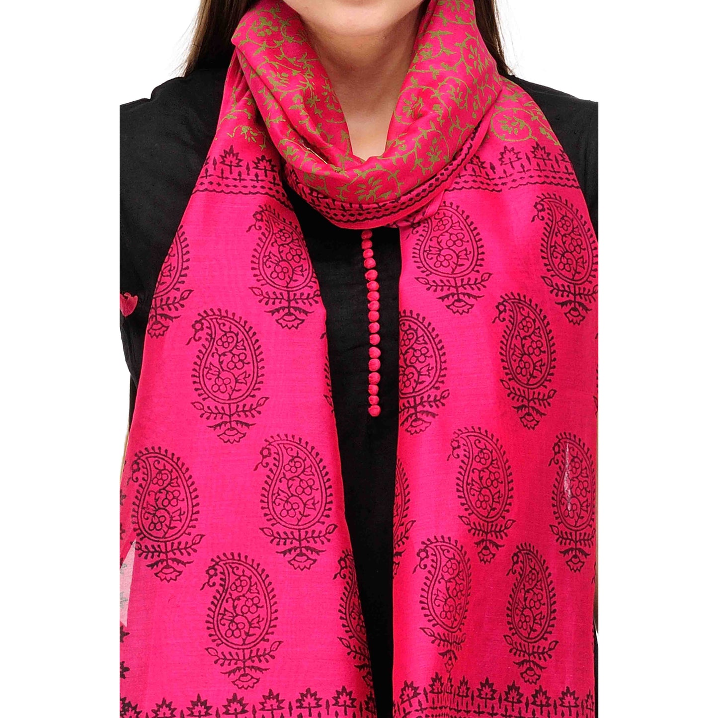 Pink Block Print Cotton Silk Stole