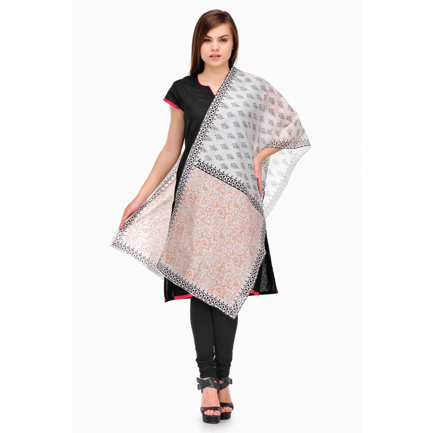 Ivory Block Print Cotton Silk Stole