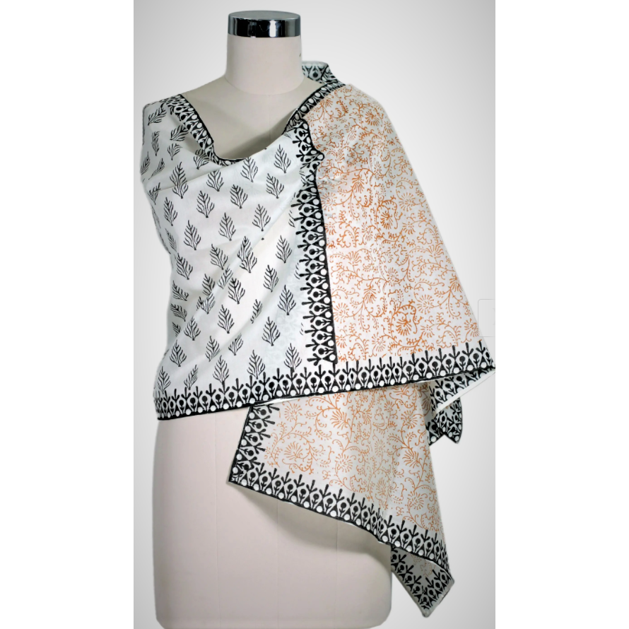 Ivory Block Print Cotton Silk Stole