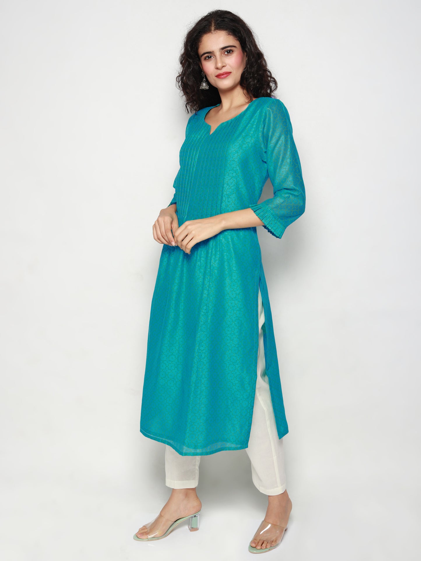 Turquoise Block Print Pleated Kurta with Pants