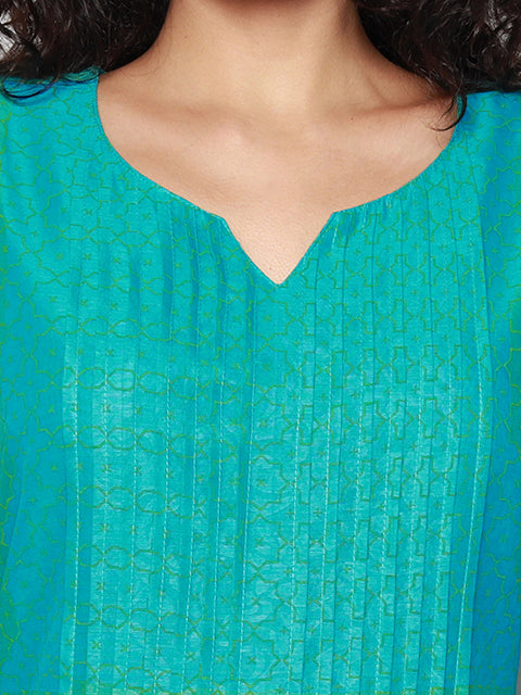 Turquoise Block Print Pleated Kurta with Pants