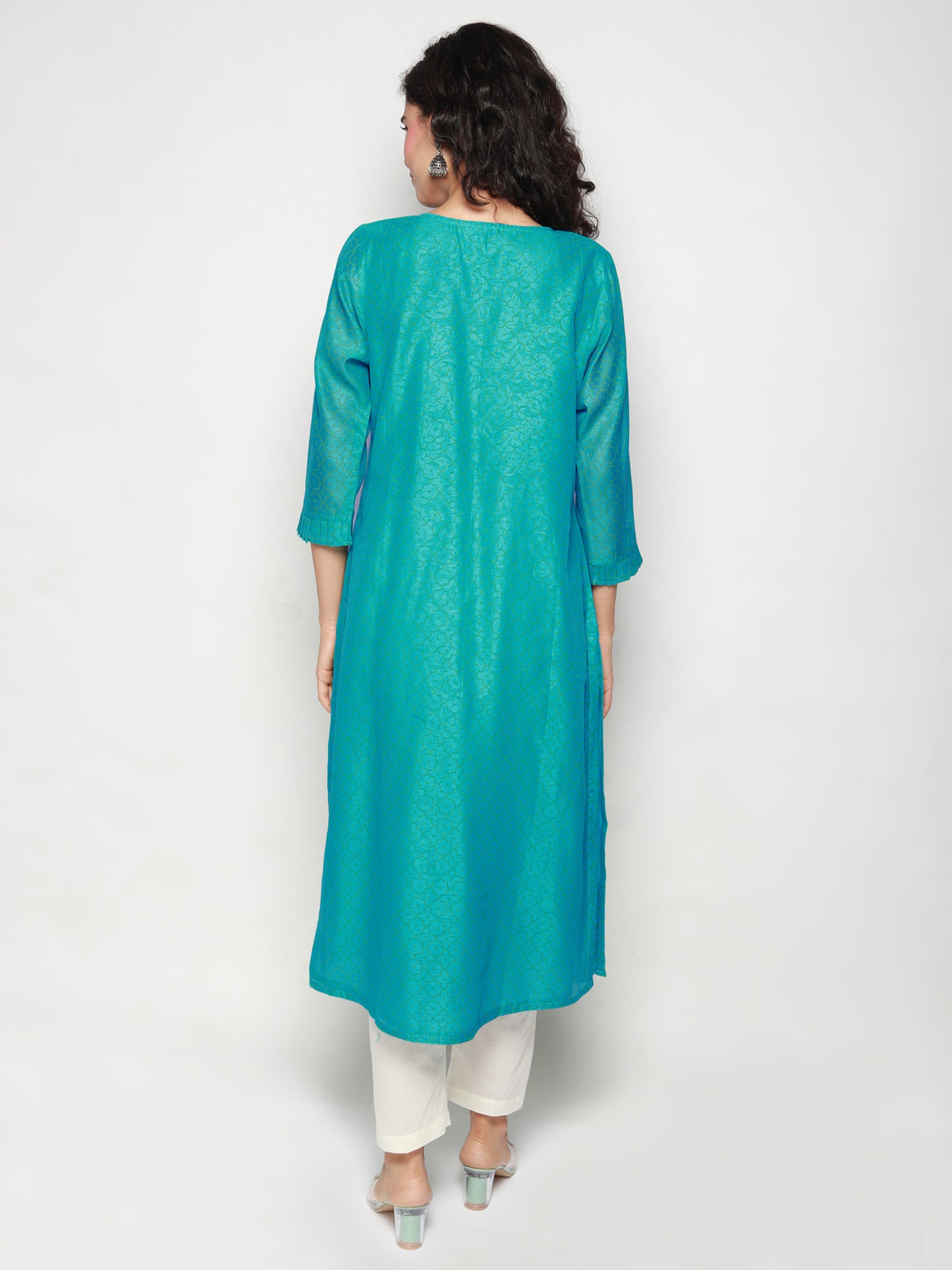 Turquoise Block Print Pleated Kurta with Pants