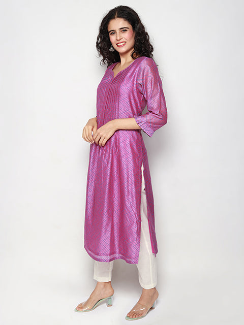 Purple Block Print Pleated Kurta with Pants