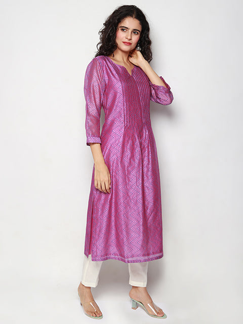 Purple Block Print Pleated Kurta with Pants