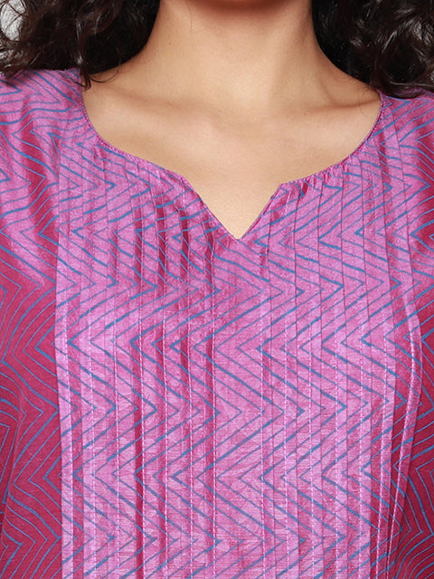 Purple Block Print Pleated Kurta with Pants